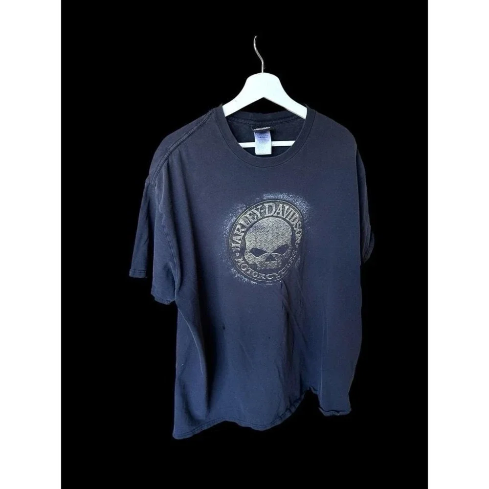 Vintage Y2K Harley Davidson Skull Black‎ T Shirt Men's XXL Biker Thrashed *flaws